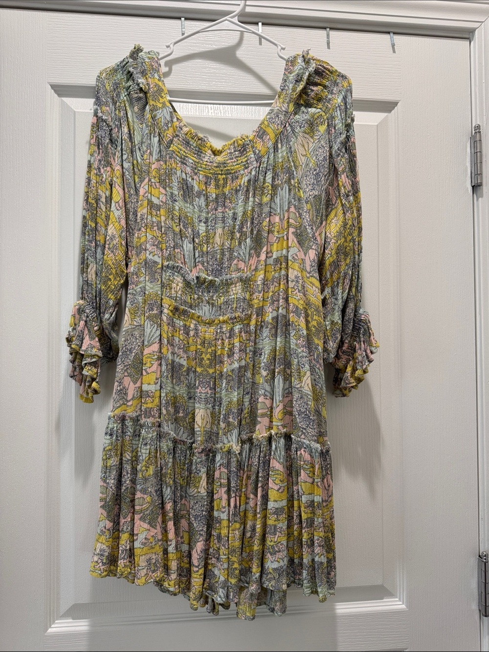 Free People Boho Smocked Tiered Elephant Pattern Off-shoulder Dress